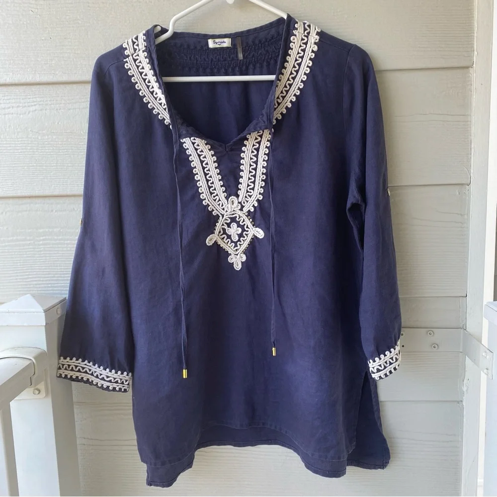 SYMPLE NYC Navy Blue Boho Linen Top - Picture 1 of 11